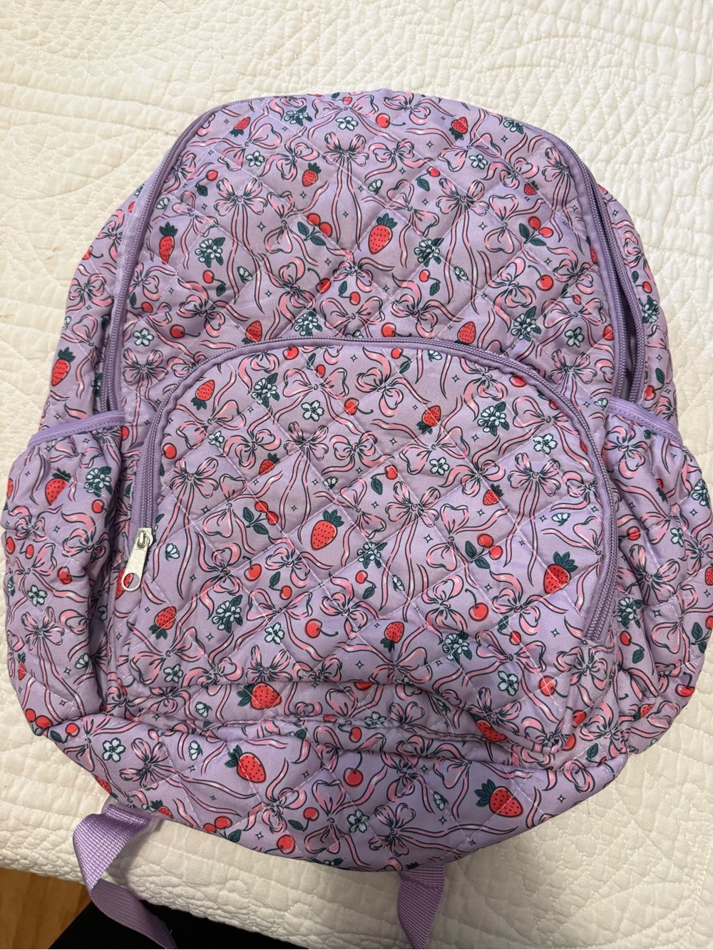 Lavender Strawberry Print Quilted Backpack - Unbranded